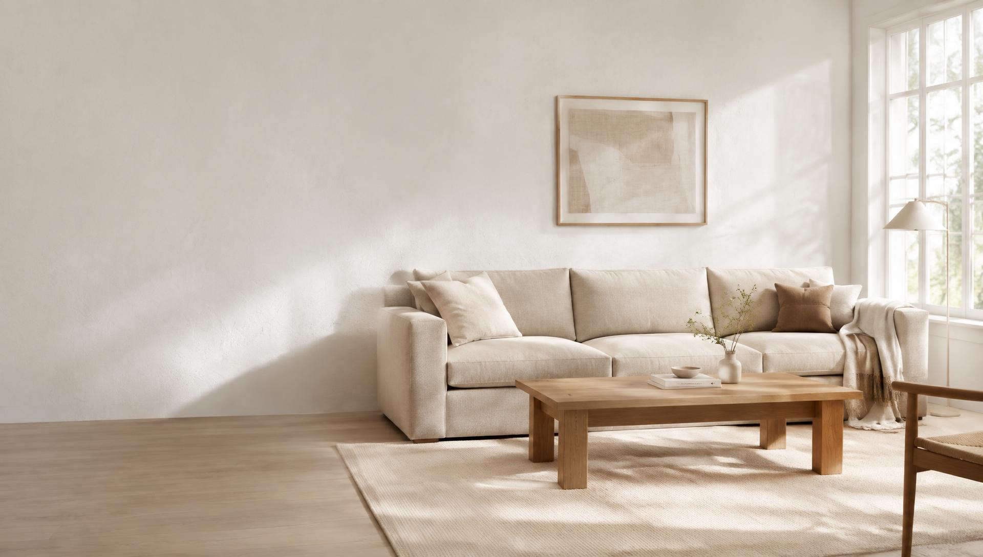 Bright living room with linen sofa and oak coffee table